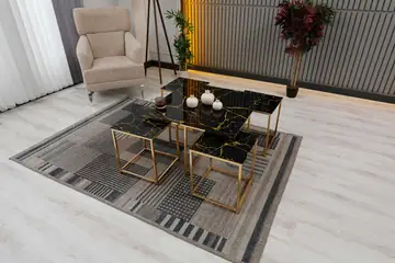 Zigonzi Home, 4+1 Kare, Gold Metal, Mermer Desen Cam, Orta Sehpa